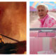 Side-by-side contrast of two movie scenes: on the left, Sigourney Weaver’s Ripley in the Alien franchise with an intense expression holds a rifle against a smoky, fiery orange background; on the right, Ryan Gosling as Ken and Margot Robbie as Barbie in pink attire drive a pink convertible towards a rainbow and a sign reading "Barbieland".