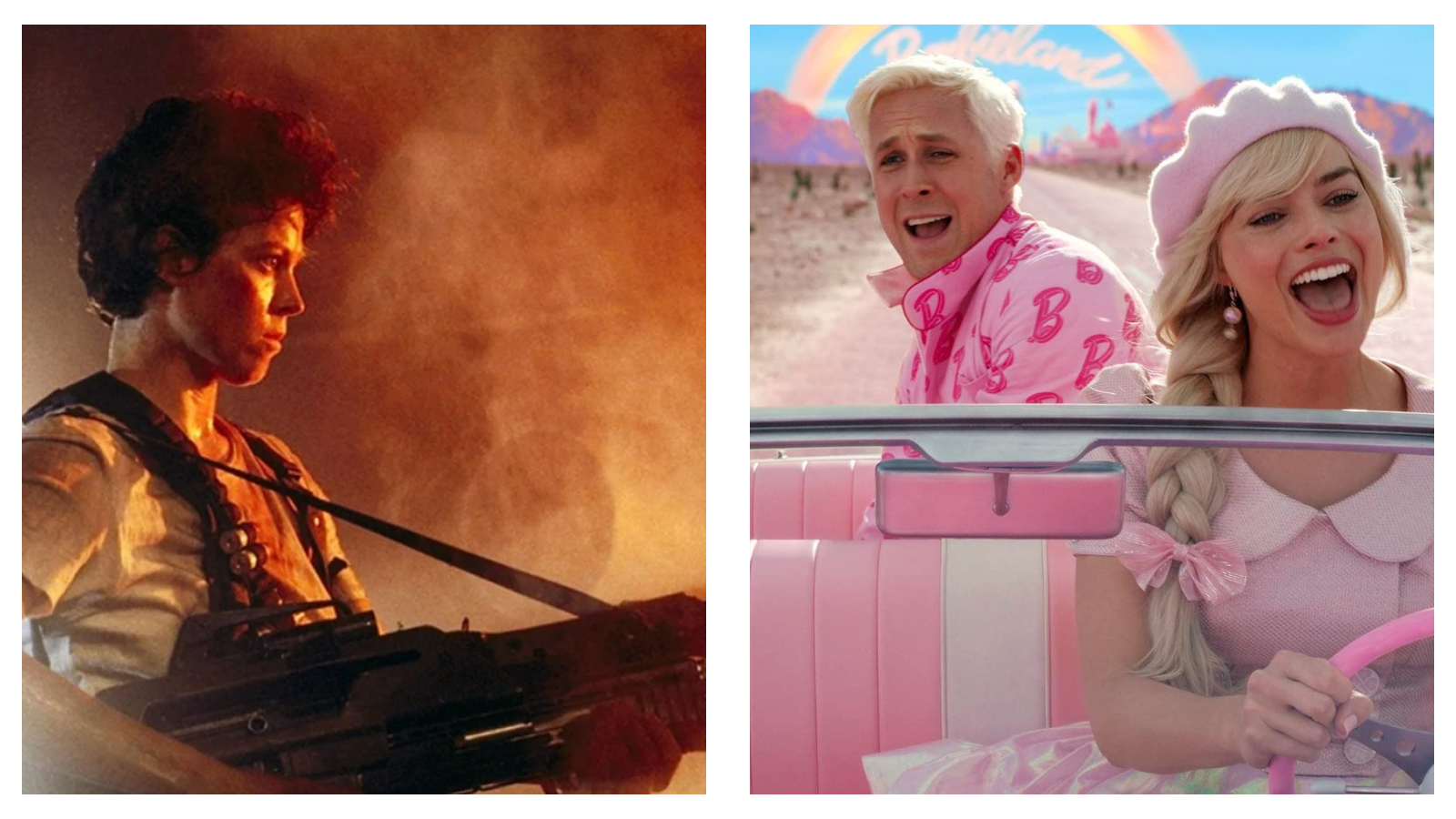 Side-by-side contrast of two movie scenes: on the left, Sigourney Weaver’s Ripley in the Alien franchise with an intense expression holds a rifle against a smoky, fiery orange background; on the right, Ryan Gosling as Ken and Margot Robbie as Barbie in pink attire drive a pink convertible towards a rainbow and a sign reading "Barbieland".