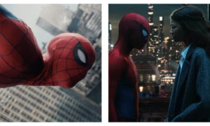 Stills of Tom Holland in costume as Spider-Man, alongside Zendaya as MJ