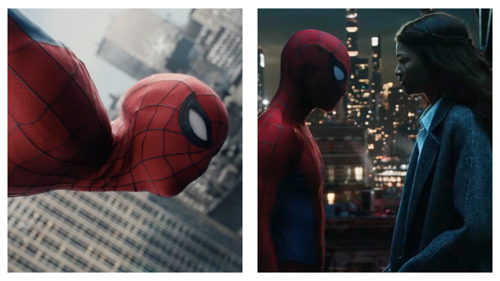 Stills of Tom Holland in costume as Spider-Man, alongside Zendaya as MJ