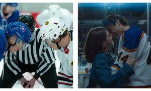 Two side-by-side images depicting ice hockey scenes in romantic TV dramas: on the left, from Heated Rivalry, a referee prepares for a puck drop between Shane Hollander and Ilya Rozanov; on the right, from Off Campus, Hannah Wells in a denim jacket shares an intimate, smiling moment with hockey player Garrett Graham, who is wearing a white, blue, and yellow jersey with the number 44.