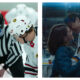 Two side-by-side images depicting ice hockey scenes in romantic TV dramas: on the left, from Heated Rivalry, a referee prepares for a puck drop between Shane Hollander and Ilya Rozanov; on the right, from Off Campus, Hannah Wells in a denim jacket shares an intimate, smiling moment with hockey player Garrett Graham, who is wearing a white, blue, and yellow jersey with the number 44.