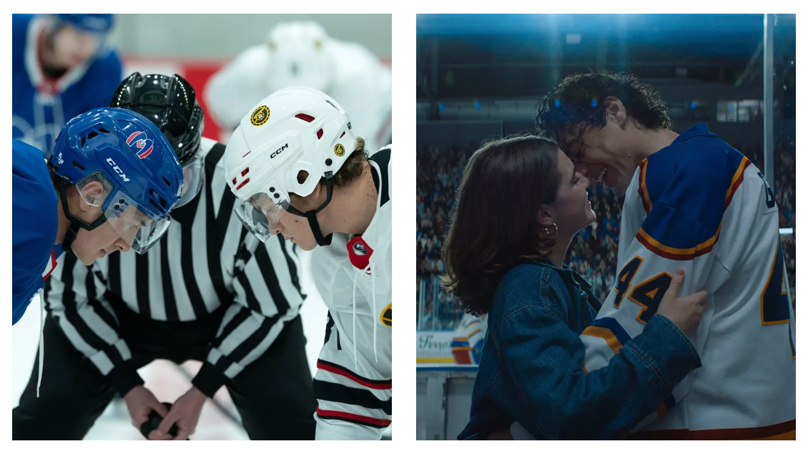 Two side-by-side images depicting ice hockey scenes in romantic TV dramas: on the left, from Heated Rivalry, a referee prepares for a puck drop between Shane Hollander and Ilya Rozanov; on the right, from Off Campus, Hannah Wells in a denim jacket shares an intimate, smiling moment with hockey player Garrett Graham, who is wearing a white, blue, and yellow jersey with the number 44.