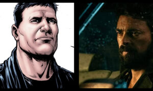 Split image: (Left) Billy Butcher portrait from The Boys comic book and (right) Karl Urban as Butcher in The Boys tv series sat in a car.