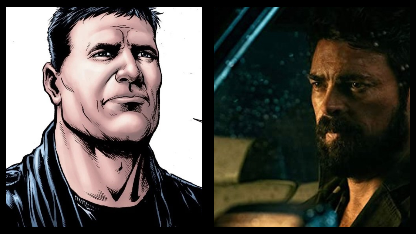 Split image: (Left) Billy Butcher portrait from The Boys comic book and (right) Karl Urban as Butcher in The Boys tv series sat in a car.
