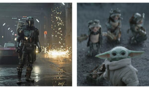 Two side-by-side film stills featuring characters from Star Wars. On the left, the Mandalorian stands in a dark, wet alleyway with sparks flying in the background, while Grogu peeks over his shoulder. On the right, a close-up shows Grogu looking forward, with three small Anzellan creatures blurred in the background on a grey terrain.