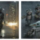 Two side-by-side film stills featuring characters from Star Wars. On the left, the Mandalorian stands in a dark, wet alleyway with sparks flying in the background, while Grogu peeks over his shoulder. On the right, a close-up shows Grogu looking forward, with three small Anzellan creatures blurred in the background on a grey terrain.