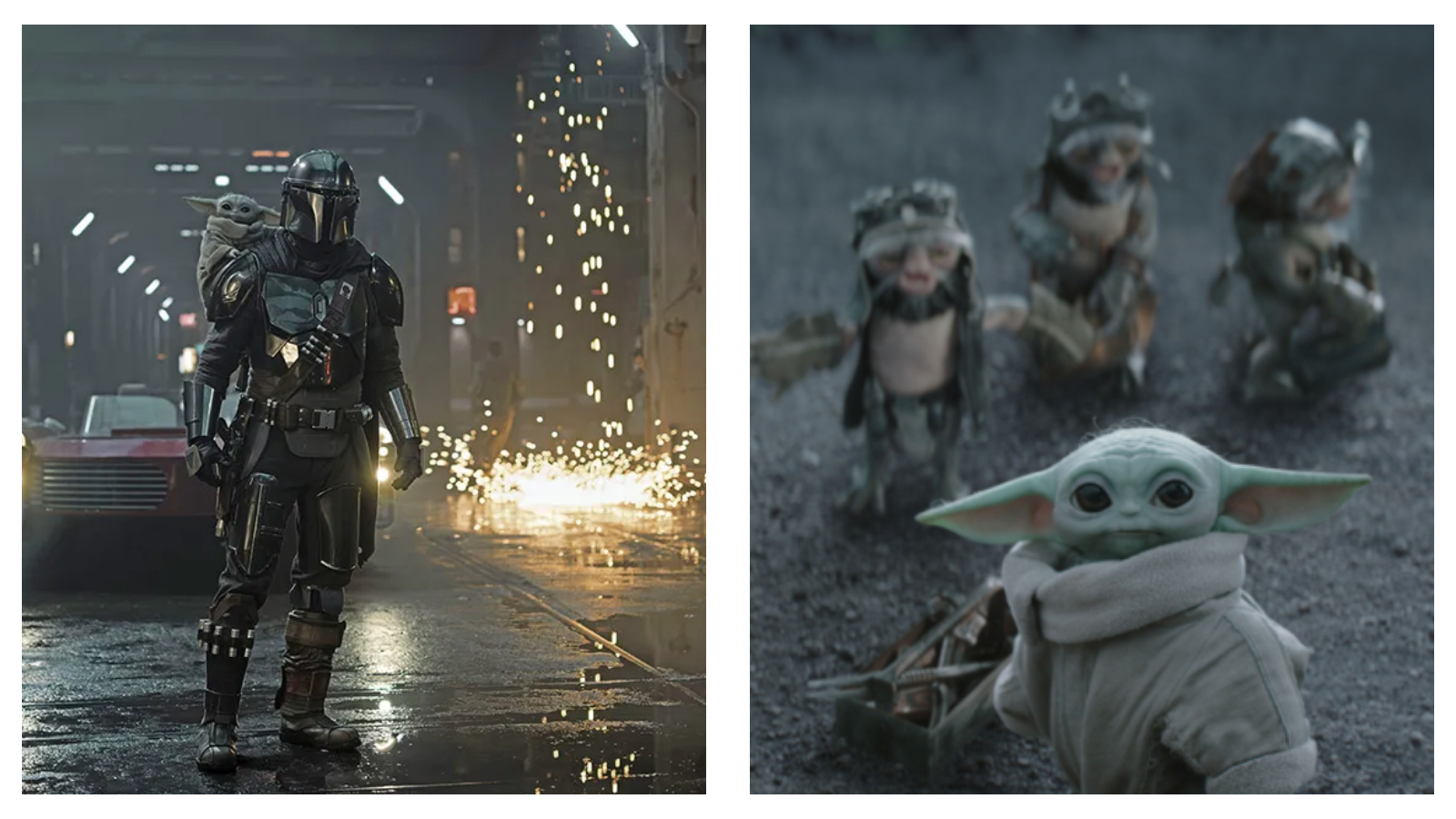 Two side-by-side film stills featuring characters from Star Wars. On the left, the Mandalorian stands in a dark, wet alleyway with sparks flying in the background, while Grogu peeks over his shoulder. On the right, a close-up shows Grogu looking forward, with three small Anzellan creatures blurred in the background on a grey terrain.