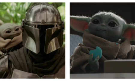 Here is the high-quality, accessible alt-text for the image: --- ## Alt-Text A side-by-side composite of two scenes from The Mandalorian: on the left, the Mandalorian in his silver helmet with Grogu peeking over his shoulder against a green foliage background; on the right, a close-up of Grogu holding a half-eaten blue biscuit with crumbs on his face.