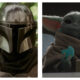 Here is the high-quality, accessible alt-text for the image: --- ## Alt-Text A side-by-side composite of two scenes from The Mandalorian: on the left, the Mandalorian in his silver helmet with Grogu peeking over his shoulder against a green foliage background; on the right, a close-up of Grogu holding a half-eaten blue biscuit with crumbs on his face.