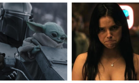 A side-by-side composite image featuring two distinct cinematic scenes. On the left, the Mandalorian stands in his full metallic helmet and armour, with the small, green, large-eared creature Grogu peering over a metallic structure beside him. On the right, Inde Navarrette’s Nikki from Obsession looks directly at the camera with a downturned, intense facial expression against a dimly lit background.