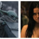 A side-by-side composite image featuring two distinct cinematic scenes. On the left, the Mandalorian stands in his full metallic helmet and armour, with the small, green, large-eared creature Grogu peering over a metallic structure beside him. On the right, Inde Navarrette’s Nikki from Obsession looks directly at the camera with a downturned, intense facial expression against a dimly lit background.