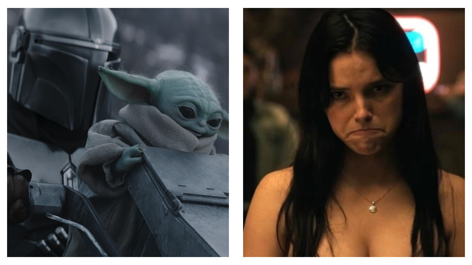 A side-by-side composite image featuring two distinct cinematic scenes. On the left, the Mandalorian stands in his full metallic helmet and armour, with the small, green, large-eared creature Grogu peering over a metallic structure beside him. On the right, Inde Navarrette’s Nikki from Obsession looks directly at the camera with a downturned, intense facial expression against a dimly lit background.