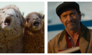 Two side-by-side film stills from The Sheep Detectives showing a close-up of two wide-eyed, open-mouthed sheep looking alarmed on the left, next to a smiling, Hugh Jackman wearing a flat cap and a tan jacket on the right.