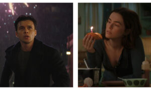 A side-by-side comparison of two film stills from Voicemails for Isabelle. The left panel shows Nick Robinson’s character in a dark coat standing in the rain, looking upwards with an anxious expression as fireworks erupt in the background. The right panel shows co-lead Zoey Deutch in a dark, long-sleeved top sitting at a table, looking thoughtfully at a single lit birthday candle stuck into a taco she is holding.