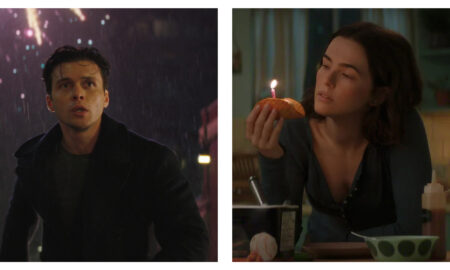 A side-by-side comparison of two film stills from Voicemails for Isabelle. The left panel shows Nick Robinson’s character in a dark coat standing in the rain, looking upwards with an anxious expression as fireworks erupt in the background. The right panel shows co-lead Zoey Deutch in a dark, long-sleeved top sitting at a table, looking thoughtfully at a single lit birthday candle stuck into a taco she is holding.