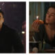 A side-by-side comparison of two film stills from Voicemails for Isabelle. The left panel shows Nick Robinson’s character in a dark coat standing in the rain, looking upwards with an anxious expression as fireworks erupt in the background. The right panel shows co-lead Zoey Deutch in a dark, long-sleeved top sitting at a table, looking thoughtfully at a single lit birthday candle stuck into a taco she is holding.
