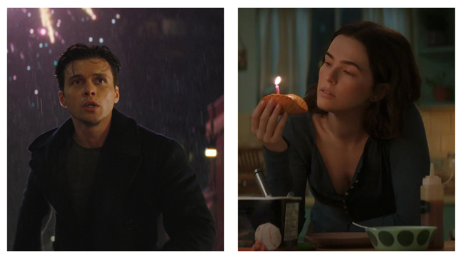 A side-by-side comparison of two film stills from Voicemails for Isabelle. The left panel shows Nick Robinson’s character in a dark coat standing in the rain, looking upwards with an anxious expression as fireworks erupt in the background. The right panel shows co-lead Zoey Deutch in a dark, long-sleeved top sitting at a table, looking thoughtfully at a single lit birthday candle stuck into a taco she is holding.