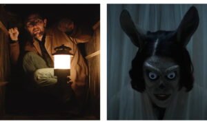Side-by-side cinematic stills from Hokum. On the left, Adam Scott's Ohm wearing glasses crouches inside a dark wooden crawlspace, holding a warmly lit lantern. On the right, a pale, unsettling figure with large animal ears and wide, unblinking eyes stares forward in front of dim curtains.