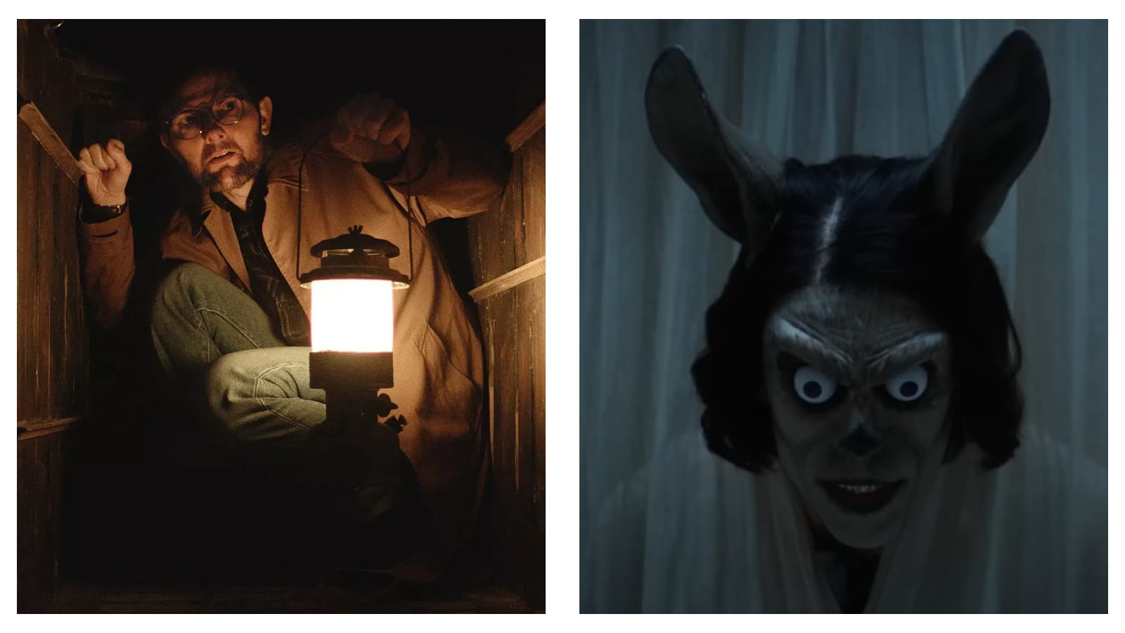 Side-by-side cinematic stills from Hokum. On the left, Adam Scott's Ohm wearing glasses crouches inside a dark wooden crawlspace, holding a warmly lit lantern. On the right, a pale, unsettling figure with large animal ears and wide, unblinking eyes stares forward in front of dim curtains.