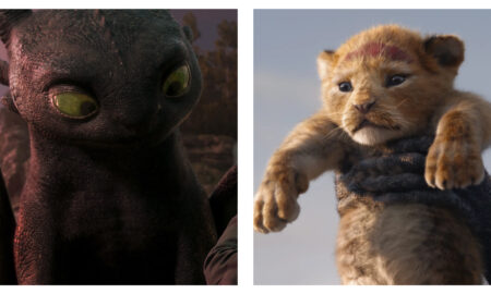 Split image: (Left) Toothless from the How to Train Your Dragon remake and (right) baby Simba from The Lion King remake.