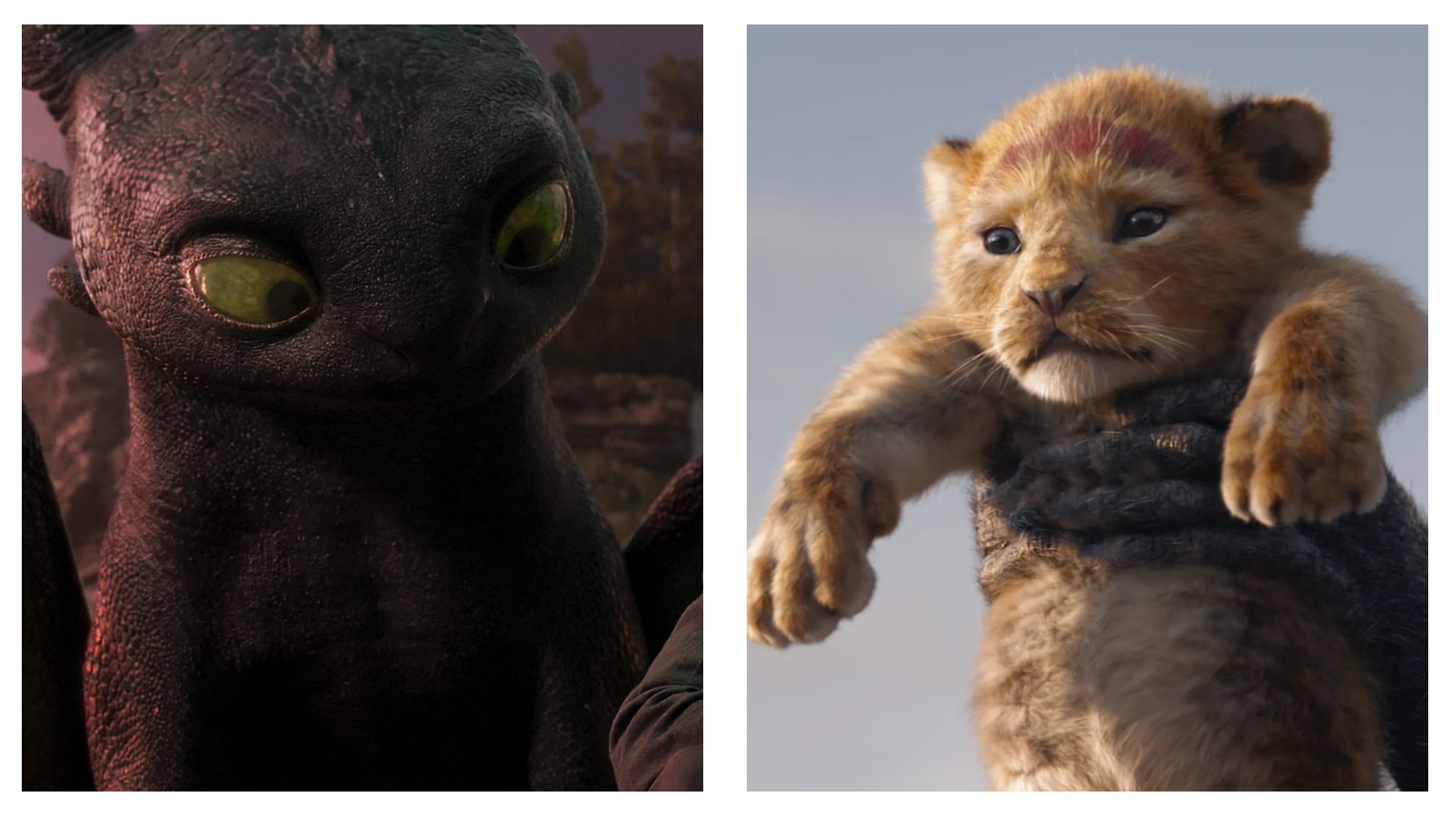 Split image: (Left) Toothless from the How to Train Your Dragon remake and (right) baby Simba from The Lion King remake.