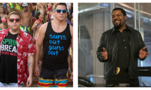 A split-screen film still from 22 Jump Street. On the left, Jonah Hill wears a red patterned shirt and a black "SPRING BREAK PUERTO MEXICO" T-shirt alongside Channing Tatum in a black "sun's out guns out" tank top. On the right, Ice Cube stands in an office wearing a black leather jacket and a police badge, gesturing with his hands.