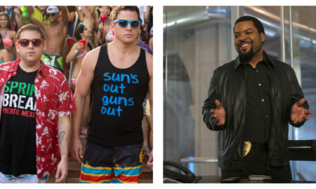 A split-screen film still from 22 Jump Street. On the left, Jonah Hill wears a red patterned shirt and a black "SPRING BREAK PUERTO MEXICO" T-shirt alongside Channing Tatum in a black "sun's out guns out" tank top. On the right, Ice Cube stands in an office wearing a black leather jacket and a police badge, gesturing with his hands.