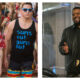 A split-screen film still from 22 Jump Street. On the left, Jonah Hill wears a red patterned shirt and a black "SPRING BREAK PUERTO MEXICO" T-shirt alongside Channing Tatum in a black "sun's out guns out" tank top. On the right, Ice Cube stands in an office wearing a black leather jacket and a police badge, gesturing with his hands.