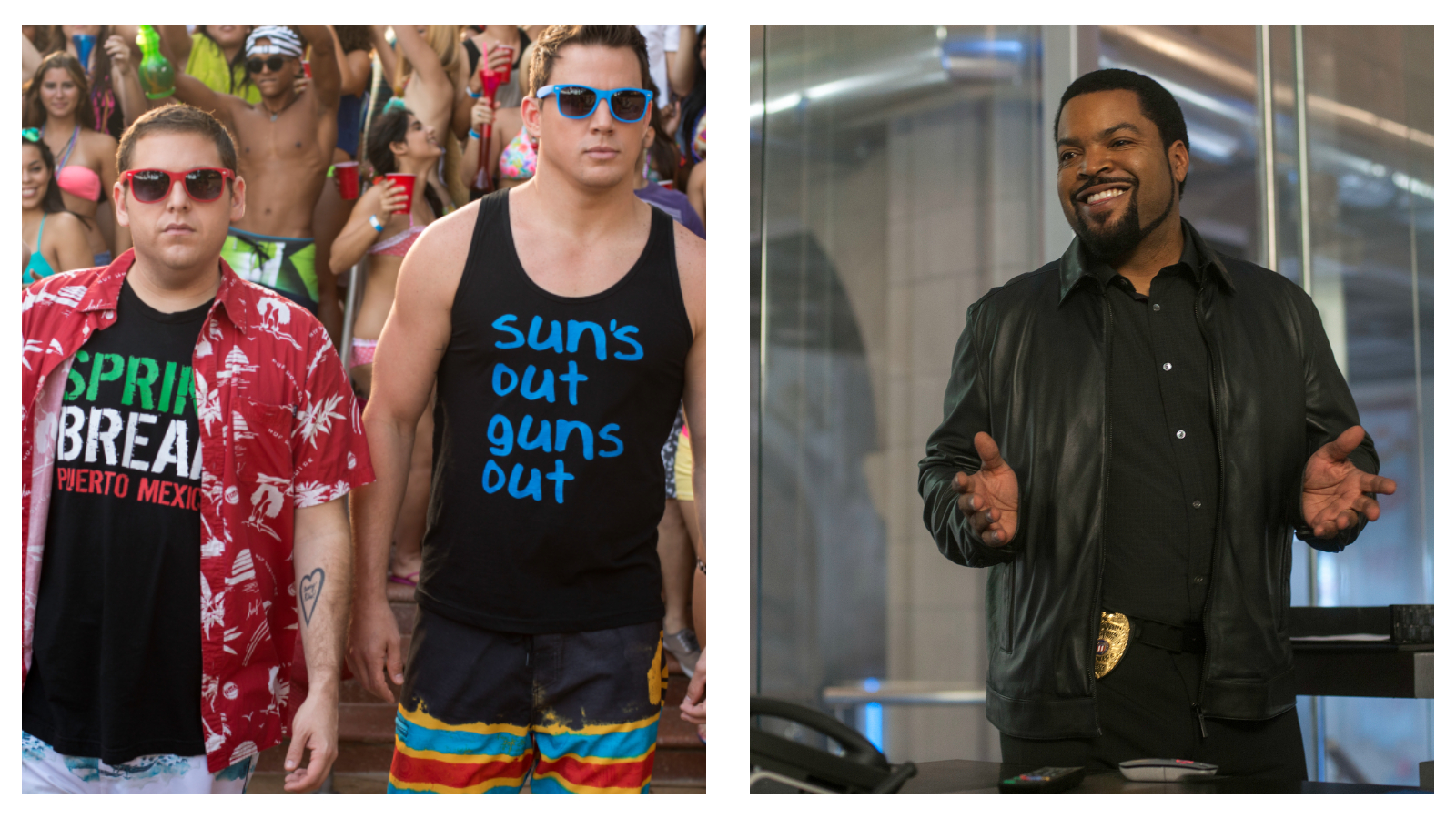 A split-screen film still from 22 Jump Street. On the left, Jonah Hill wears a red patterned shirt and a black "SPRING BREAK PUERTO MEXICO" T-shirt alongside Channing Tatum in a black "sun's out guns out" tank top. On the right, Ice Cube stands in an office wearing a black leather jacket and a police badge, gesturing with his hands.