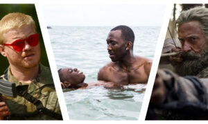 A triptych collage of three film stills from A24 productions, separated by diagonal white lines. The left frame from *Civil War* shows Jesse Plemons with blonde hair and red-framed sunglasses, wearing camouflage gear and holding a rifle; the central frame from *Moonlight* depicts Mahershala Ali and Alex Hibbert chest-deep in the ocean, with Ali gently cradling Hibbert in the water; the right frame from *The Death of Robin Hood* shows a heavily bearded Hugh Jackman aiming a bow and arrow toward the camera.