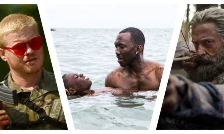 A triptych collage of three film stills from A24 productions, separated by diagonal white lines. The left frame from *Civil War* shows Jesse Plemons with blonde hair and red-framed sunglasses, wearing camouflage gear and holding a rifle; the central frame from *Moonlight* depicts Mahershala Ali and Alex Hibbert chest-deep in the ocean, with Ali gently cradling Hibbert in the water; the right frame from *The Death of Robin Hood* shows a heavily bearded Hugh Jackman aiming a bow and arrow toward the camera.