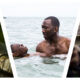 A triptych collage of three film stills from A24 productions, separated by diagonal white lines. The left frame from *Civil War* shows Jesse Plemons with blonde hair and red-framed sunglasses, wearing camouflage gear and holding a rifle; the central frame from *Moonlight* depicts Mahershala Ali and Alex Hibbert chest-deep in the ocean, with Ali gently cradling Hibbert in the water; the right frame from *The Death of Robin Hood* shows a heavily bearded Hugh Jackman aiming a bow and arrow toward the camera.