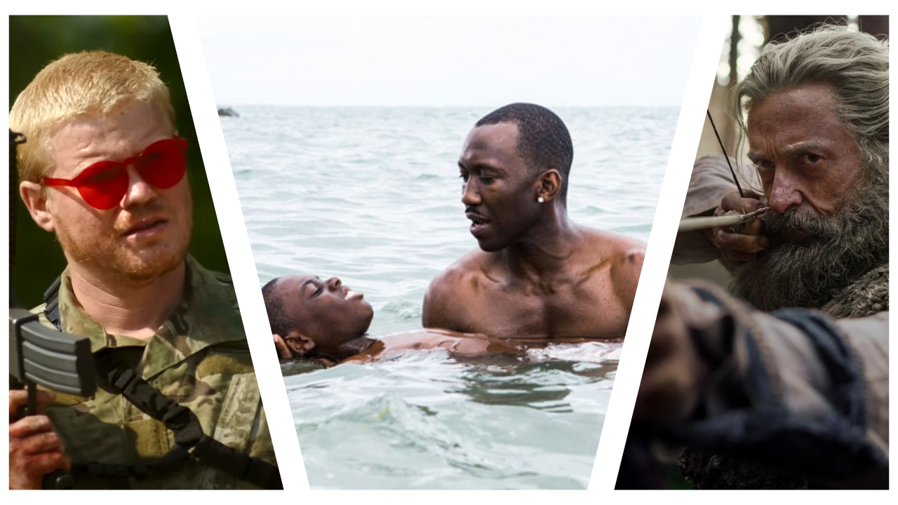 A triptych collage of three film stills from A24 productions, separated by diagonal white lines. The left frame from *Civil War* shows Jesse Plemons with blonde hair and red-framed sunglasses, wearing camouflage gear and holding a rifle; the central frame from *Moonlight* depicts Mahershala Ali and Alex Hibbert chest-deep in the ocean, with Ali gently cradling Hibbert in the water; the right frame from *The Death of Robin Hood* shows a heavily bearded Hugh Jackman aiming a bow and arrow toward the camera.