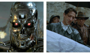 A side-by-side comparison of two film stills: on the left, the chrome metallic skull of a Terminator endoskeleton with glowing red eyes; on the right, actor Adrien Brody wearing a wet raincoat, looking down at a large architectural blueprint outdoors in the rain alongside other men in The Brutalist.