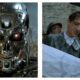 A side-by-side comparison of two film stills: on the left, the chrome metallic skull of a Terminator endoskeleton with glowing red eyes; on the right, actor Adrien Brody wearing a wet raincoat, looking down at a large architectural blueprint outdoors in the rain alongside other men in The Brutalist.