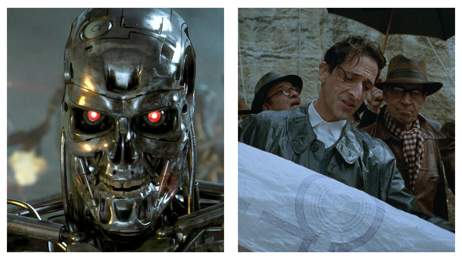 A side-by-side comparison of two film stills: on the left, the chrome metallic skull of a Terminator endoskeleton with glowing red eyes; on the right, actor Adrien Brody wearing a wet raincoat, looking down at a large architectural blueprint outdoors in the rain alongside other men in The Brutalist.