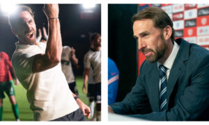 Diptych of Joseph Fiennes as Gareth Southgate; left, cheering in a cream polo under floodlights; right, looking pensive in a suit at a press conference.