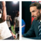 Diptych of Joseph Fiennes as Gareth Southgate; left, cheering in a cream polo under floodlights; right, looking pensive in a suit at a press conference.