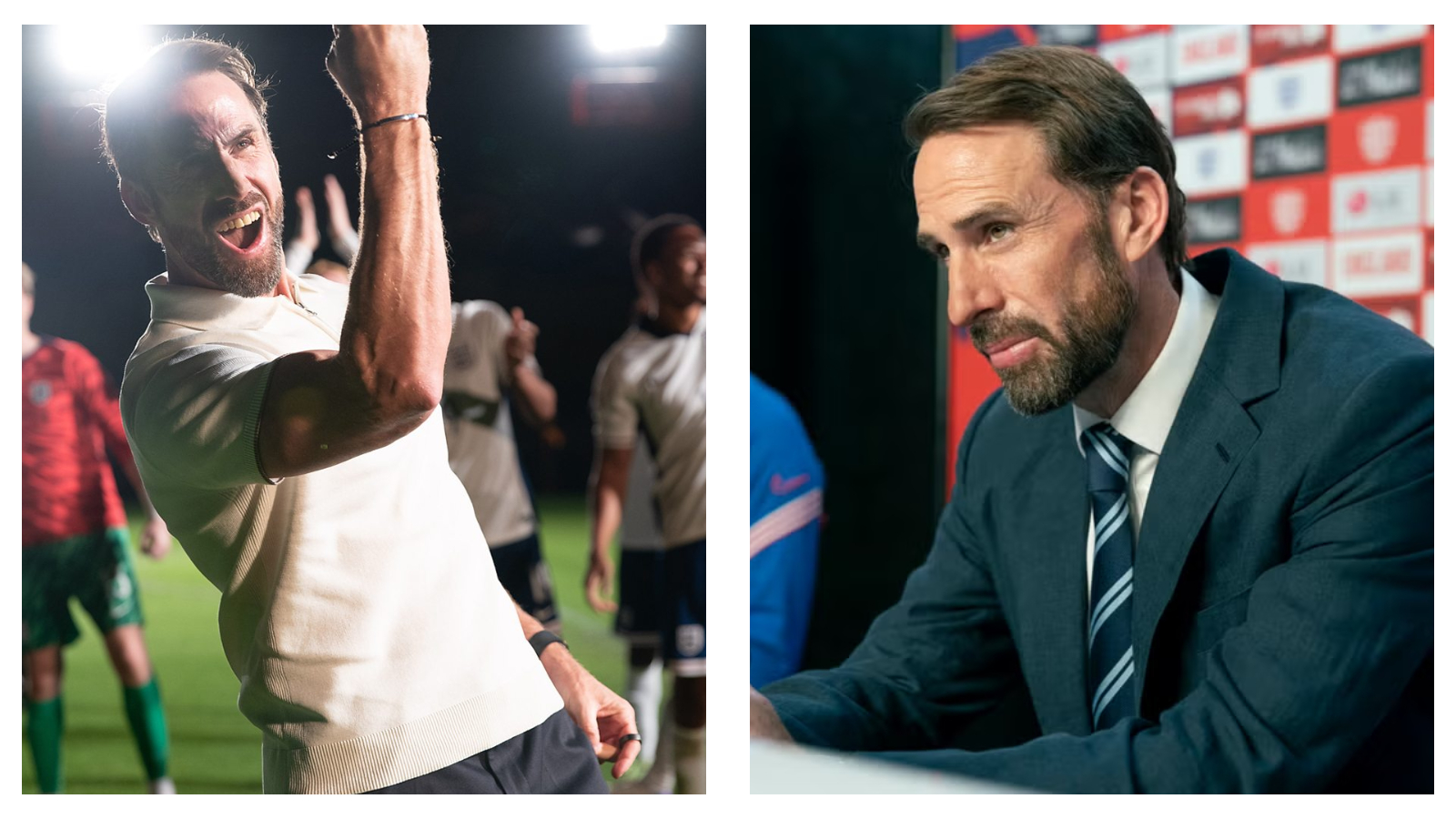 Diptych of Joseph Fiennes as Gareth Southgate; left, cheering in a cream polo under floodlights; right, looking pensive in a suit at a press conference.