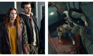 Two film stills from Disclosure Day, featuring actors Emily Blunt and Josh O'Connor. On the left, the pair stand close together with tense expressions while holding hands; on the right, O'Connor's character climbs a ladder on a moving train carriage and reaches out to Blunt's character, who is leaning precariously off the bonnet of a red car wedged against the train.