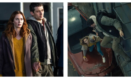 Two film stills from Disclosure Day, featuring actors Emily Blunt and Josh O'Connor. On the left, the pair stand close together with tense expressions while holding hands; on the right, O'Connor's character climbs a ladder on a moving train carriage and reaches out to Blunt's character, who is leaning precariously off the bonnet of a red car wedged against the train.