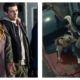 Two film stills from Disclosure Day, featuring actors Emily Blunt and Josh O'Connor. On the left, the pair stand close together with tense expressions while holding hands; on the right, O'Connor's character climbs a ladder on a moving train carriage and reaches out to Blunt's character, who is leaning precariously off the bonnet of a red car wedged against the train.