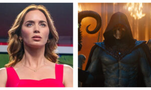 Side-by-side comparison featuring actor Emily Blunt from the film *Disclosure Day* on the left, looking upward with a serious expression in a bright pink top, next to a muscular, live-action depiction of the villain Skeletor from *Masters of the Universe* on the right, wearing a dark hood and cape with glowing red eyes.