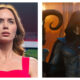 Side-by-side comparison featuring actor Emily Blunt from the film *Disclosure Day* on the left, looking upward with a serious expression in a bright pink top, next to a muscular, live-action depiction of the villain Skeletor from *Masters of the Universe* on the right, wearing a dark hood and cape with glowing red eyes.