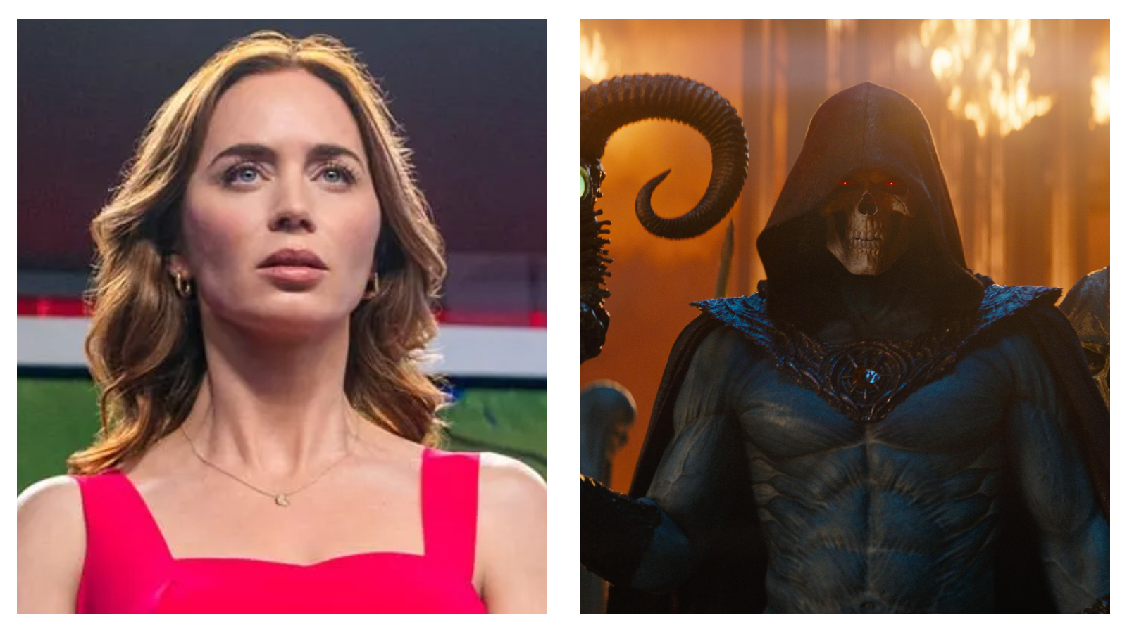 Side-by-side comparison featuring actor Emily Blunt from the film *Disclosure Day* on the left, looking upward with a serious expression in a bright pink top, next to a muscular, live-action depiction of the villain Skeletor from *Masters of the Universe* on the right, wearing a dark hood and cape with glowing red eyes.
