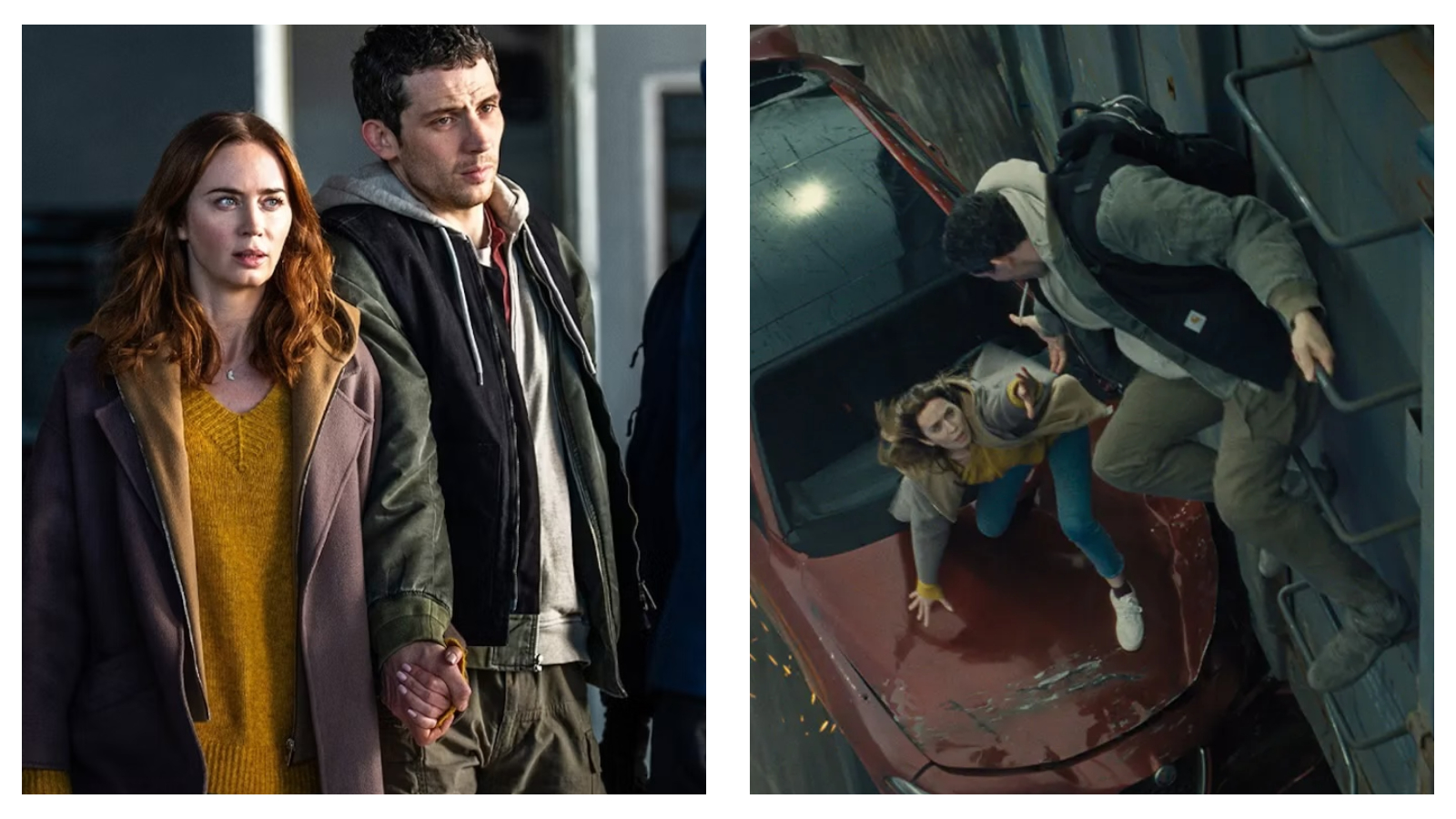 Two film stills from Disclosure Day, featuring actors Emily Blunt and Josh O'Connor. On the left, the pair stand close together with tense expressions while holding hands; on the right, O'Connor's character climbs a ladder on a moving train carriage and reaches out to Blunt's character, who is leaning precariously off the bonnet of a red car wedged against the train.