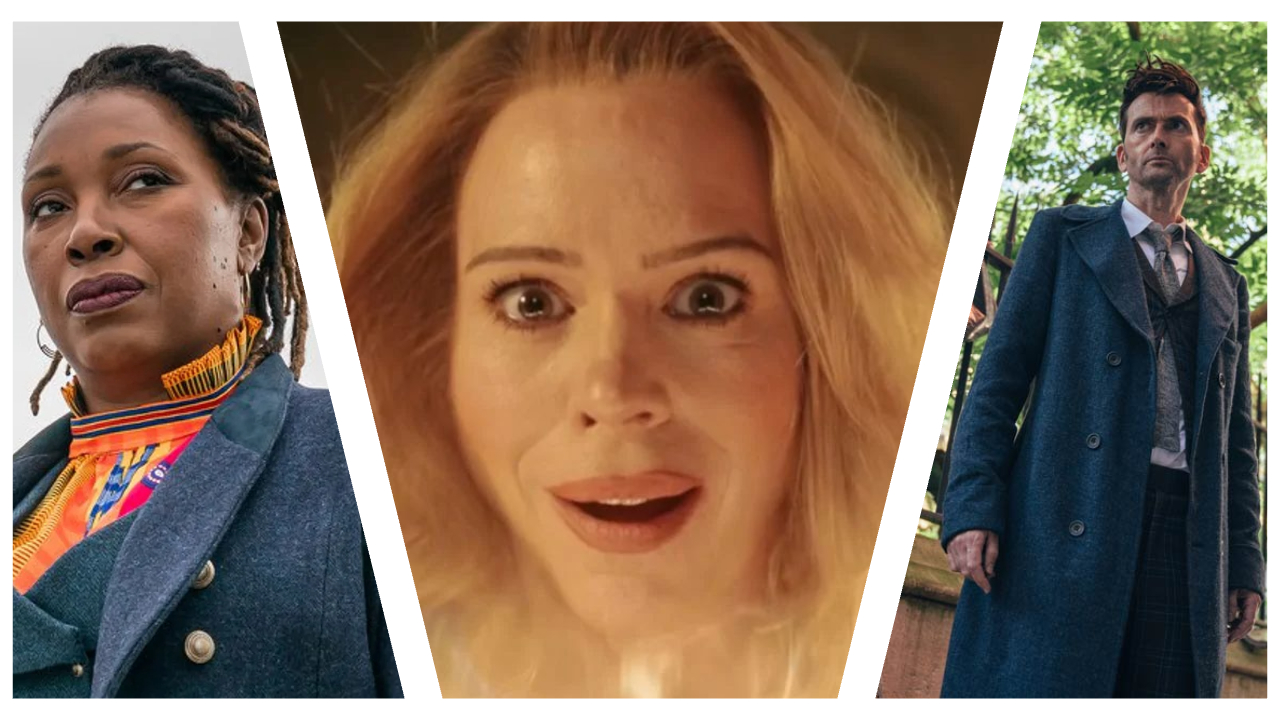 From left to right, Jo Martin in costume as the Fugitive Doctor, Billie Piper post-regeneration amid an orange glow, and David Tennant's 14th Doctor standing by a wooden fence in a woodland area