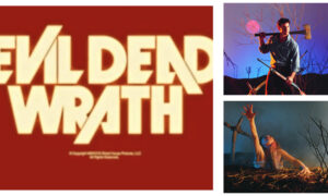 Three-panel collage featuring text and imagery from the horror franchise. On the left, a large red panel displays the stylized, cream-coloured text "EVIL DEAD WRATH". The top-right panel shows Bruce Campbell in The Evil Dead (1981), wearing a blue shirt and holding an axe over his shoulder and a shotgun in his hand under a pink moon. The bottom-right panel displays Bridget Hoffman in an iconic scene from the same film, reaching upward as she is dragged into the ground by a demonic hand gripping her neck.