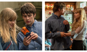 Two film stills from Finding Emily featuring Spike Fearn and Angourie Rice; on the left, they look at a mobile phone together outdoors, and on the right, they stand face-to-face in a pub with a decorative stained-glass window.